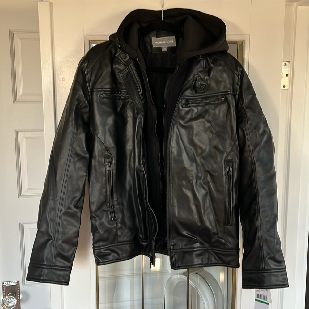 Black Michael Kors faux leather jacket with scuba material hooded lining